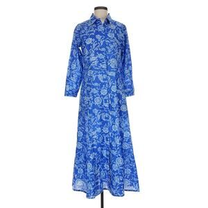 Julia India Amory JA Shirt Dress Summer Maxi Button Down Cotton Blue Block Print
